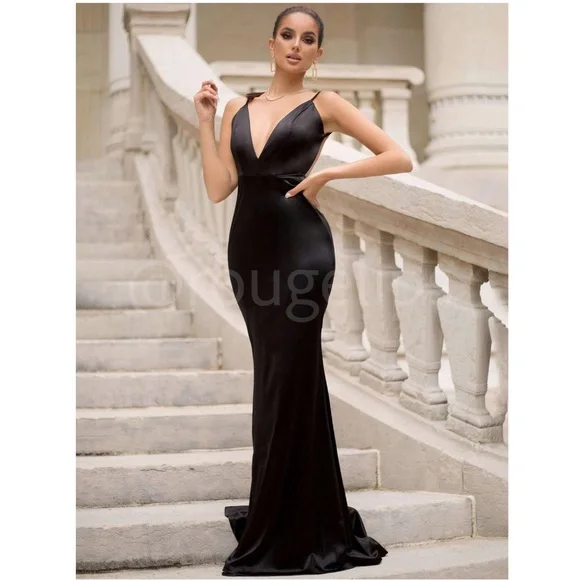 Black Deep V Neck Backless Ruched Long Slip Sheath Dress Evening Gown Prom - Picture 2 of 16
